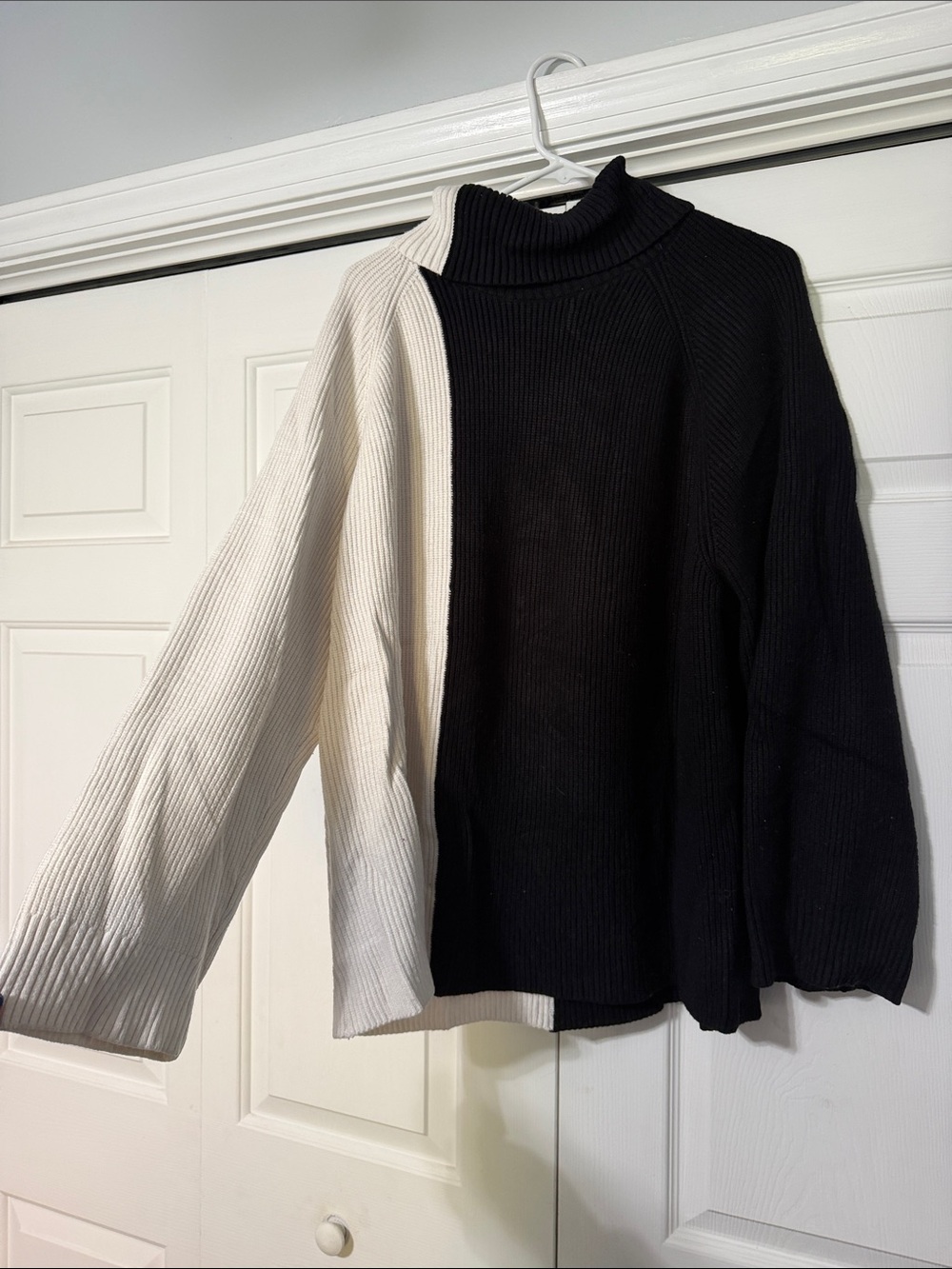 Two-Tone Black and White Ribbed Turtleneck Sweater